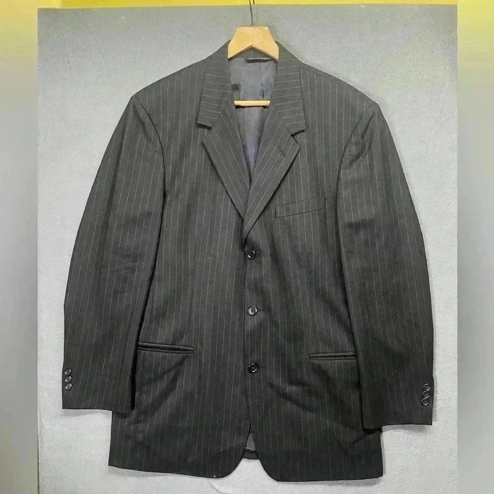 Riserva Made In Italy 100% Wool Blazer Sports Coat Mens 44R‎ Black Pinstripe